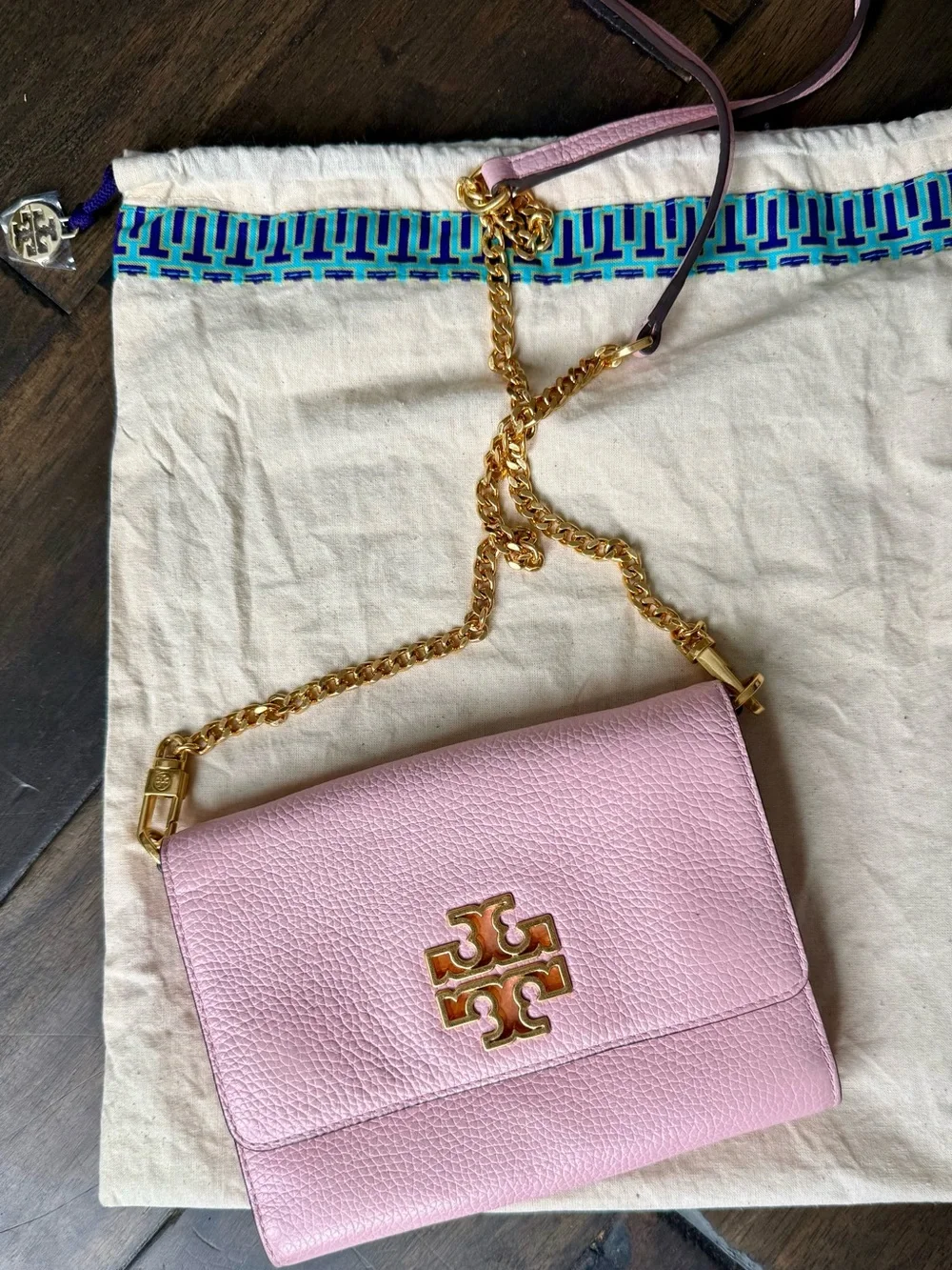 Tory Burch Light Pink Pebbled Leather Chain-Shoulder Crossbody